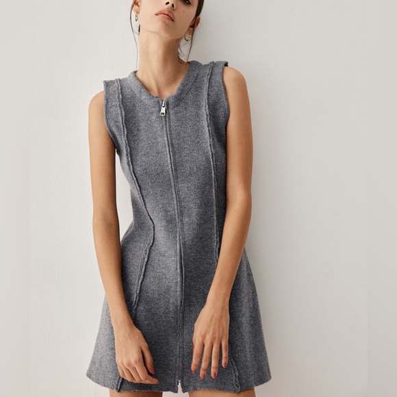 Gray knit Zip Down Piping Short Sweater Dress - Picture 2 of 7
